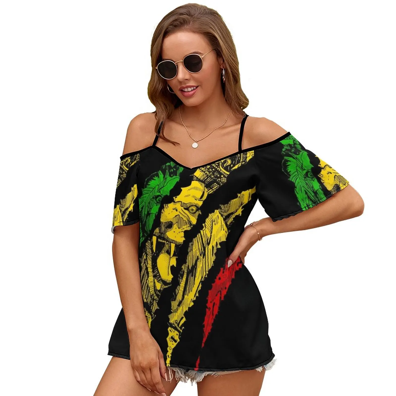 Warrior Lion Of Judah King Rasta Reggae Jamaica Roots Print O-Neck Off-The-Shoulder Top Short-Sleeved T-Shirt Ladies Streetwear