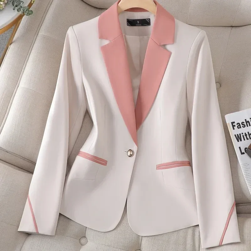 Spring Autumn Color Block Women Slim Blazer Long Sleeve Single Button Office Ladies Business Work Wear Formal Jacket Coat U324