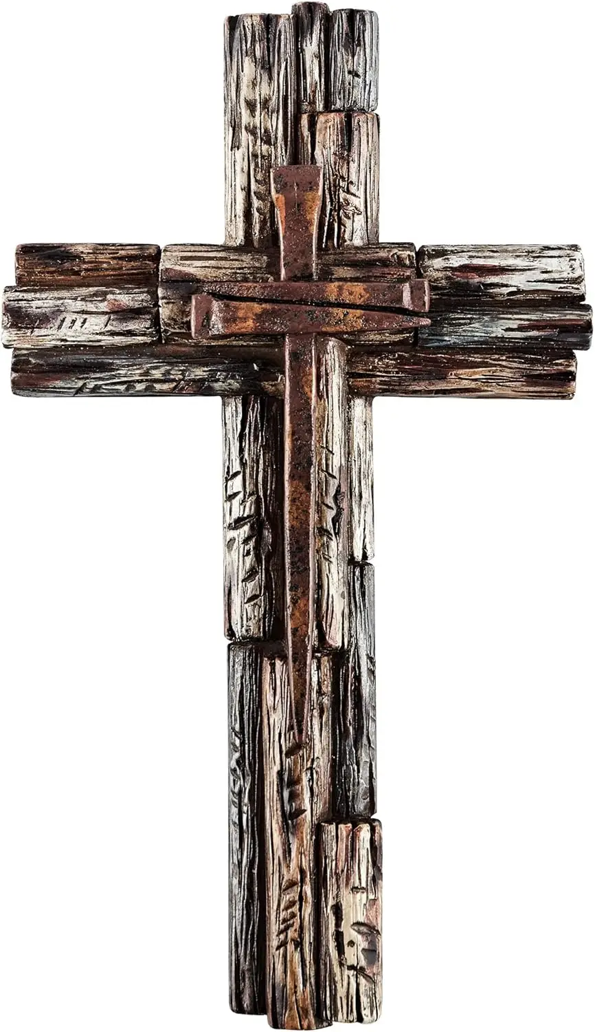 

Rustic Layered Wood Cross Wall Decor with Faux Iron Nails for Home
