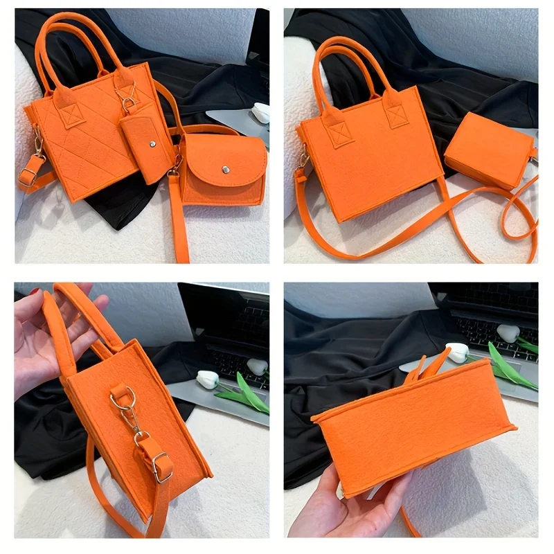 3 Stück/Set geprägte Damenhandtasche, stilvolle Umhängetasche, Clutch und Geldbörse, einfarbige quadratische Umhängetasche, Stoff für den täglichen Gebrauch – Detail 3