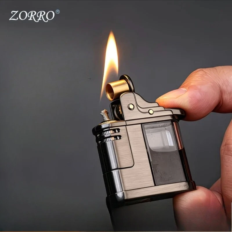 ZORRO Vintage Coal Oil Lighter Refillable Fuel Windproof Lighter Classic Gift for Men Smoker Collection One Click Ignition Press