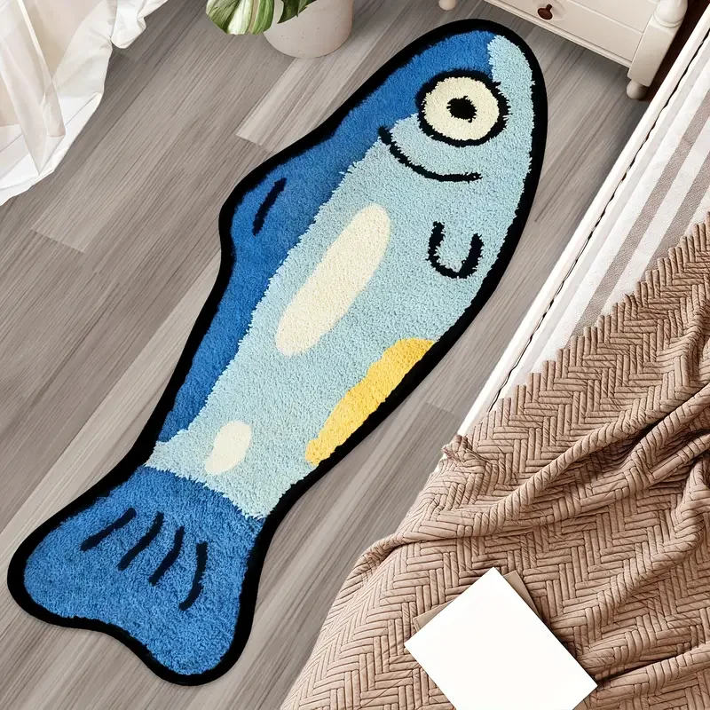 VIKAMA Alfombra de pescado salado de dibujos animados azul, decoración del hogar suave y lavable, adecuada para habitaciones, dormitorios, entradas y cocinas