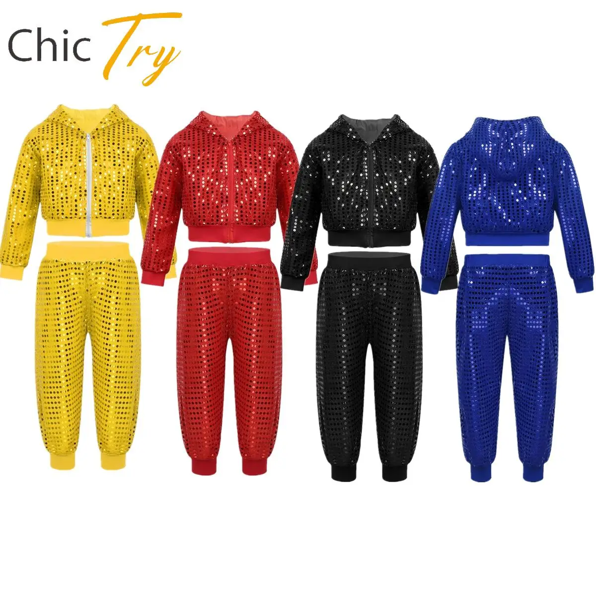 

Unisex Boys Girls Jazz Dance Set Hip-hop Street Dancing Outfits Shiny Sequins Long Sleeve Hooded Tops with Pants Performance Set