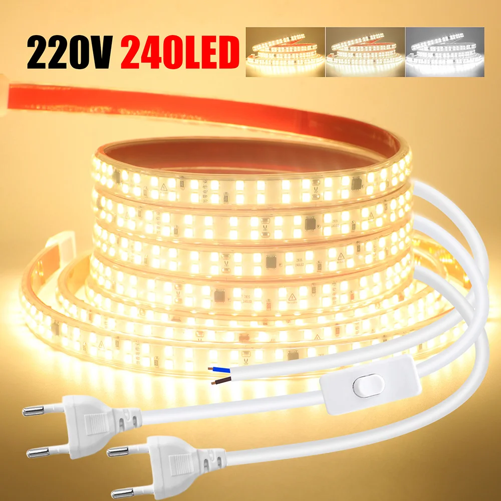 220V 240LED/m LED Strip Light with IC 2pin Wire Switch Power Kit Adhesive Tape 5m 10m 20m 30m 2835 Waterproof Flex Ribbon 0.5m