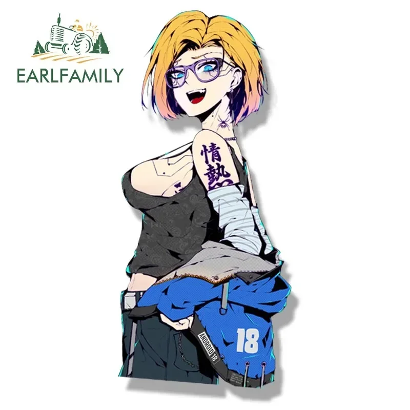 EARLFAMILY Cartoon Anime Car Sticker for Android 18 Streetwear Peeker Decal Waifu Fanart JDM Peek Girl Stickers Car Accessories