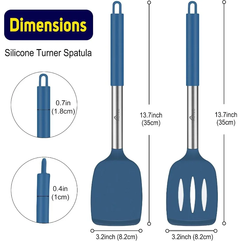 Silicone Spatula Set of 2 Heat-Resistant 600°F & BPA-Free Kitchen SaptulaTurner with Stainless Steel Handles, Slotted & Solid Spatulas for Nonstick Cookware, 13.7 Inch, Classic Blue