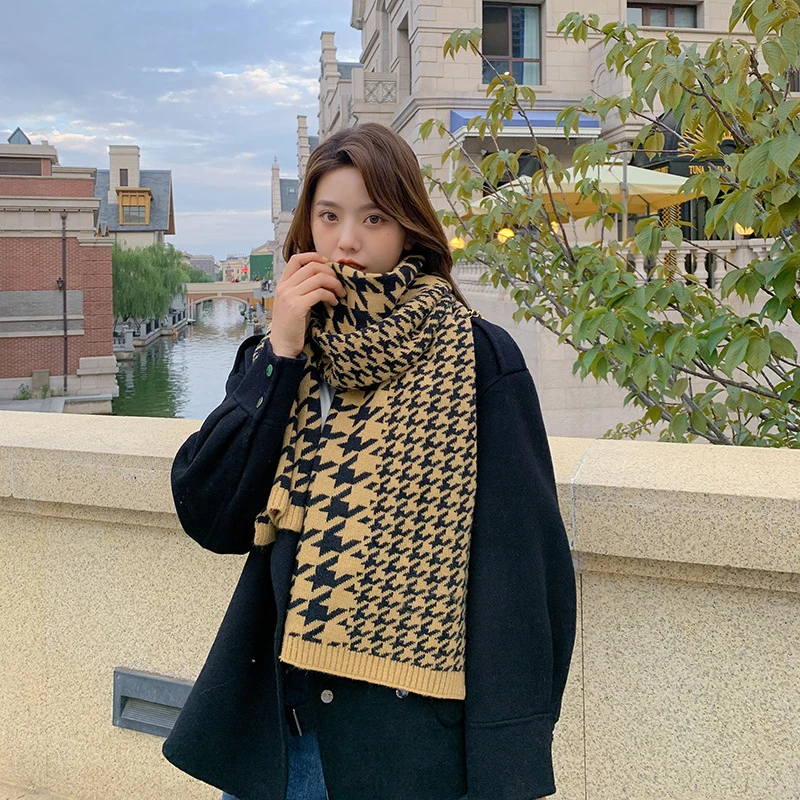 Elegant Scarf Winter For Women Imitation Cashmere Vintage Houndstooth Casual Student Warm Female Thick Blanket Long Wrap Shawl