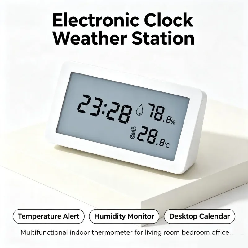 Mini LED Digital Thermometer Hygrometer, Indoor Room Temperature Sensor with Electronic Clock, Accurate Humidity Monitor