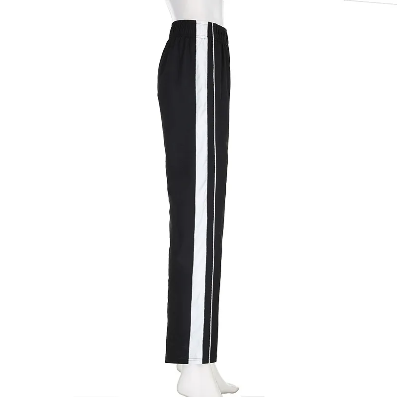 Street Jogging Personalized Black and White Patchwork Contrast Woven Pants for Women's High Waisted Straight Fit Casual Pants