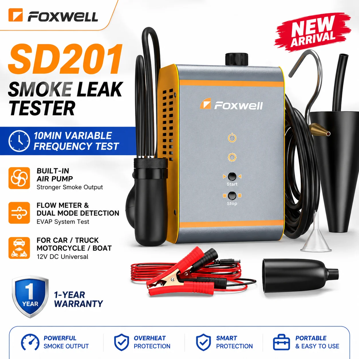 Detector de Fugas de Humo Automático con Bomba de Aire Integrada FOXWELL SD201, Probador de Vacío para Tuberías de Combustible EVAP, Generador de Humo para Diagnóstico de Automóviles de 12V