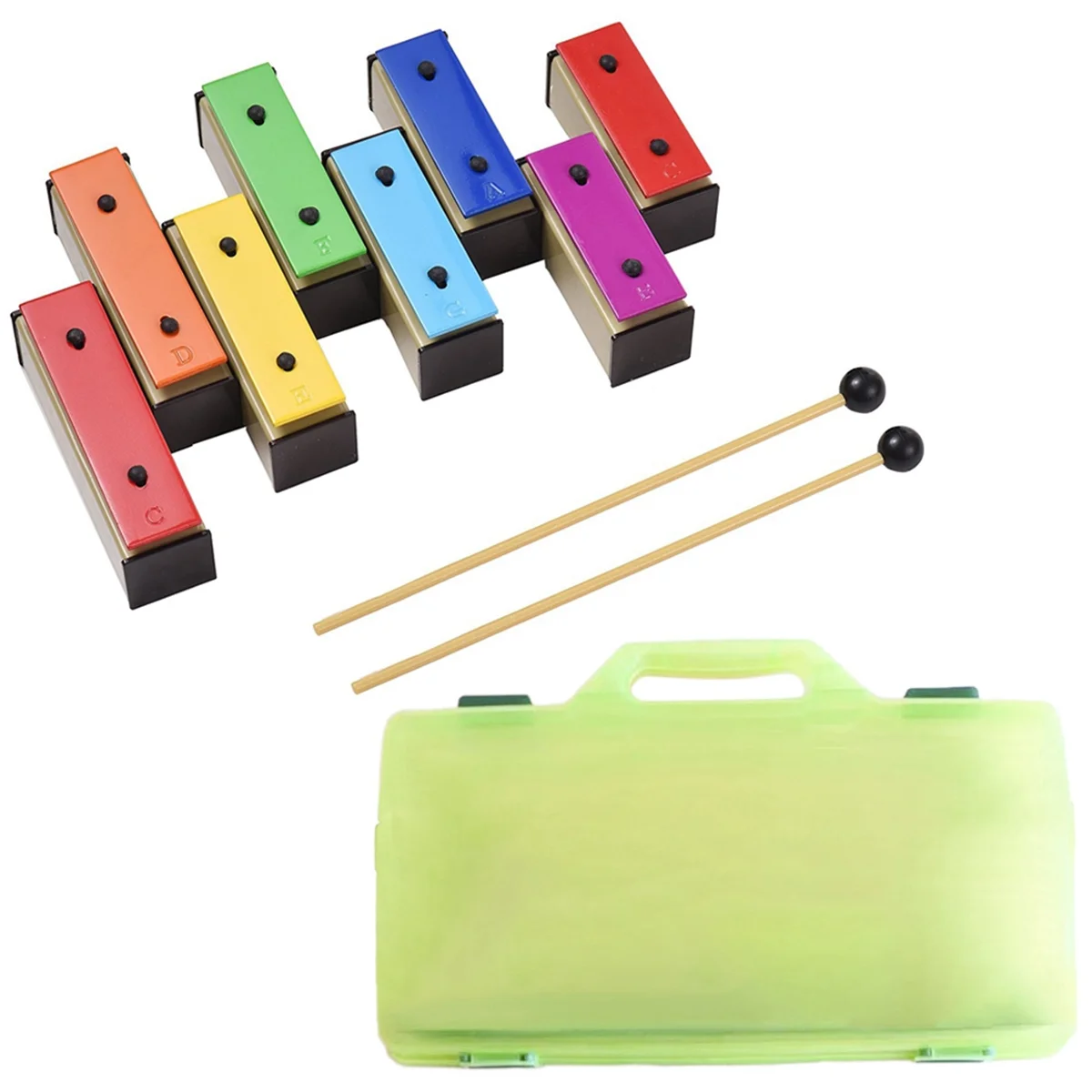 

8-Note Xylophone Colorful Glockenspiel Removable Rainbow Color Metal Plates Resonator with Plastic Mallets Green Case-ABJQ