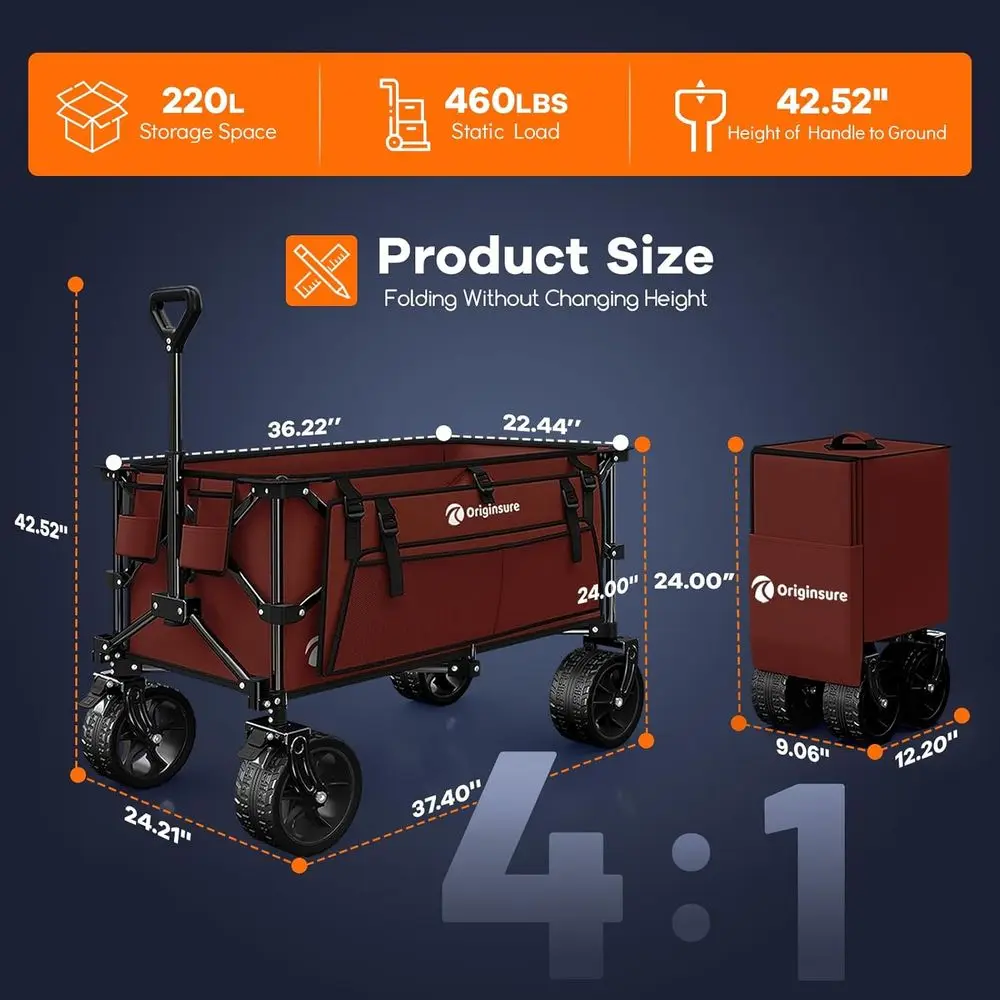 Collapsible Wagon Cart with 460lbs Load Capacity, All-Terrain Wheels for Beach, Groceries, Camping, Sports - Heavy Duty Folding