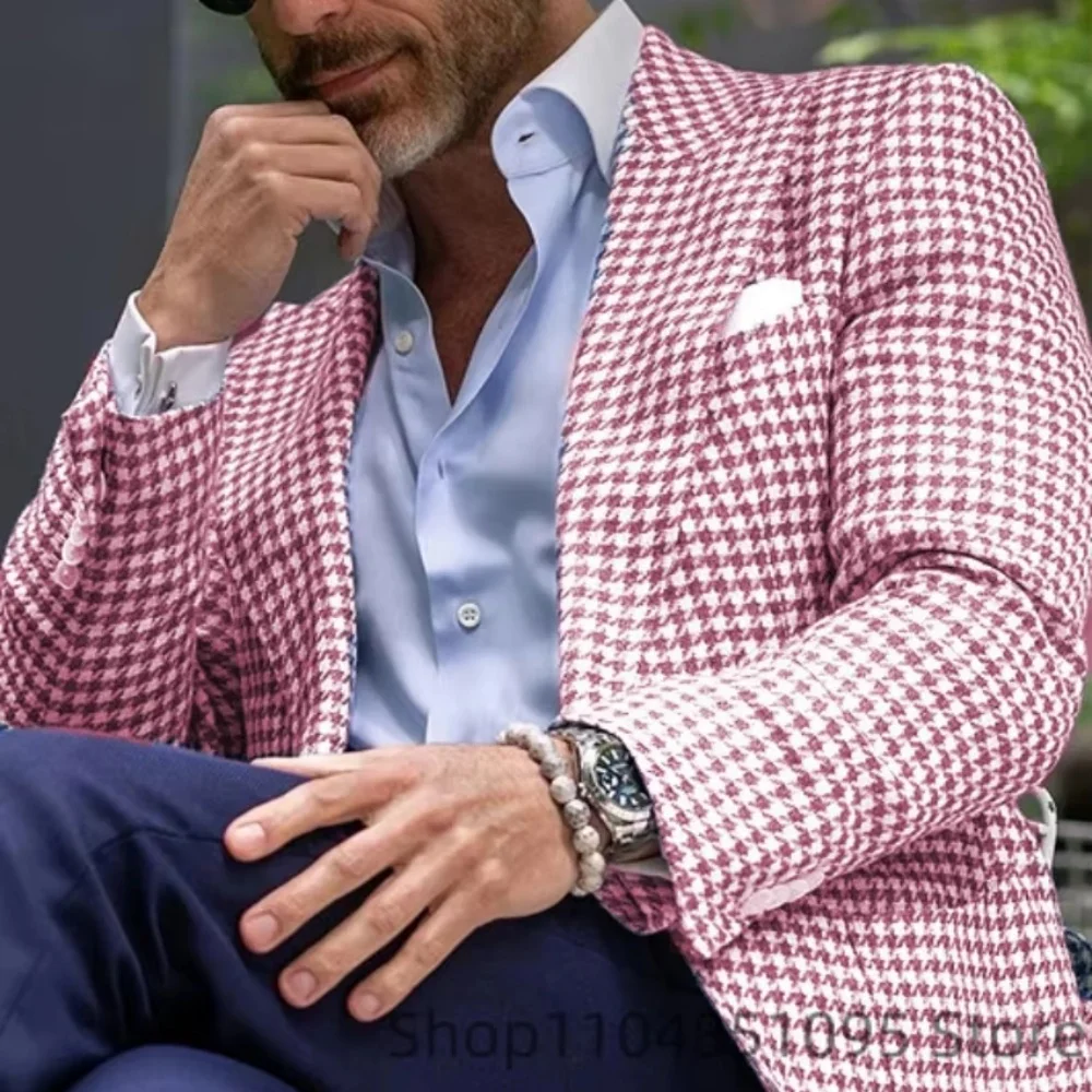 Rosa Houndstooth Terno Jaqueta De Lã Business Blazer Unique Top Breasted Slim Fit Check Wedding Suit Ternos