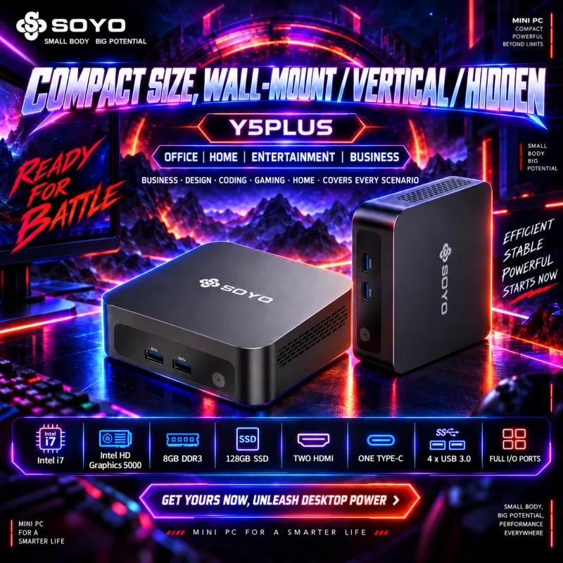 SOYO Mini PC Y5 PLUS Intel I7 4650U CPU with 8GB RAM 128GB M.2 SSD Mini Desktop Computer Dual 4K Display, WiFi 5, BT4.2, USB-C