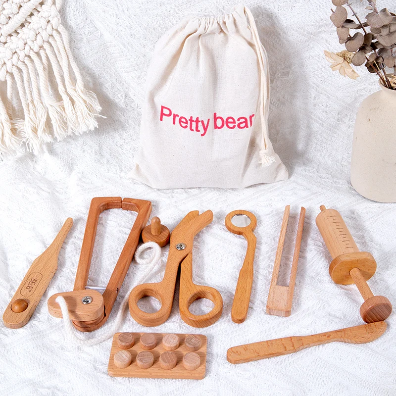 Wooden simulation medical box stethoscope injection cosmetic bag make-up play children's Toy Screw Toolbox