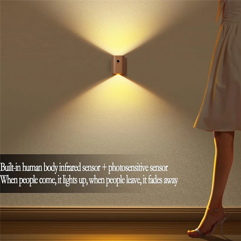 

AT14 Wooden LED Wall Lamp Human Body Sensing Infrared Night Light Motion Sensor Night Lights USB Charging Cabinet Wardrobe Lamp