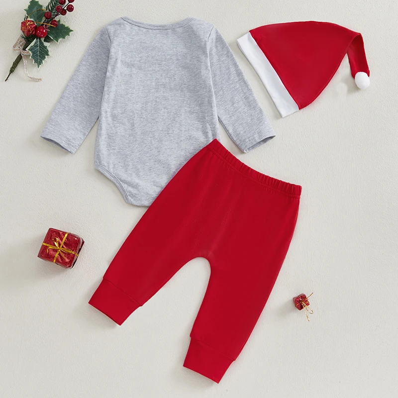 Baby Boy Christmas Outfit Letter Print Long Sleeve Romper Santa Claus Embroidery Pants Hat 3 Piece Set