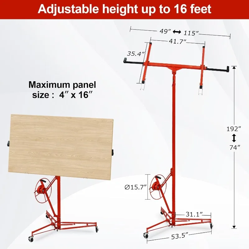 16FT Drywall Lift Sheetrock Lift, 150LBS Capacity, Drywall Lift Panel Hoist with Telescopic Arm and 3 Lockable Wheels,Red