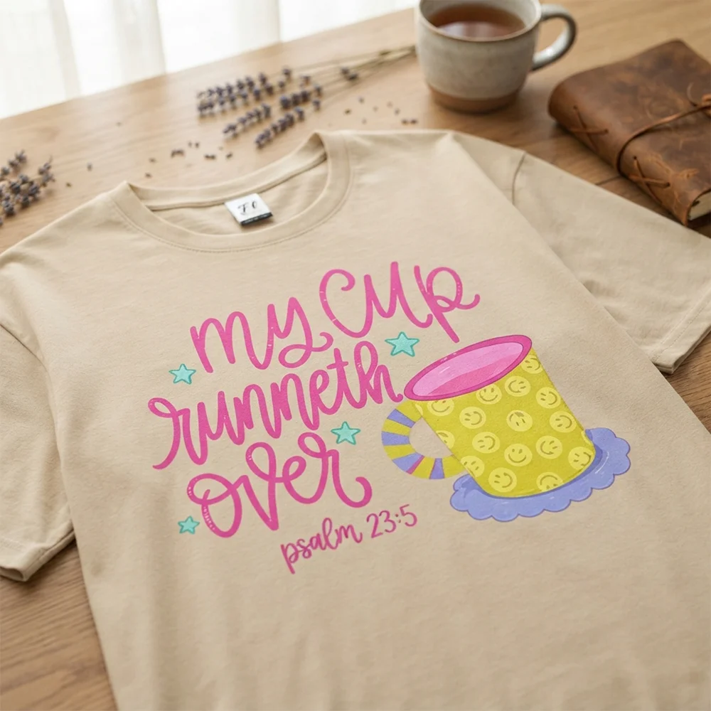 Womens My Cup Runneth Over Psalm 23 5 Graphic T Shirts Coffee Mug Smile Print Christian Faith Casual Short Sleeve Top