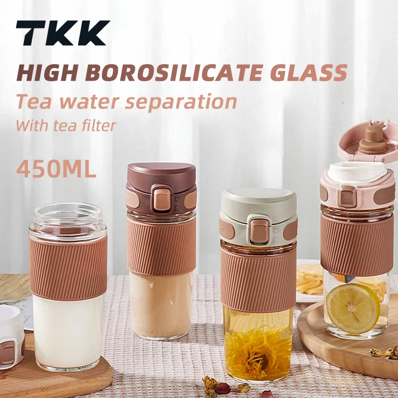 TKK 450ml Glass Water Bottle High borosilicate glass water cup With tea filter Leak-Proof Non-Slip heat-resistant Outdoor Kettle