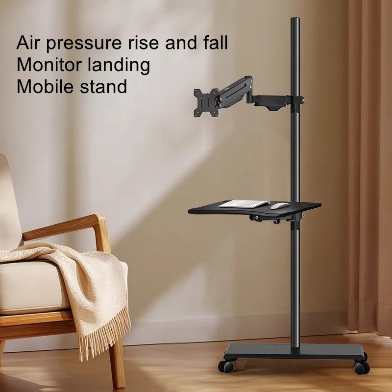 Floor-standing, movable, height-adjustable workbench with keyboard tray, screen rotation, telescopic arm, and hanging rack.