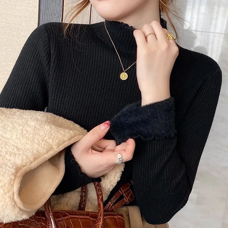 Sweaters Fleece-lined Knitted Sweater Women Pullovers New Long Sleeve Mock Neck Knit Sweater Pullover Women Tops Knitwears Q2163
