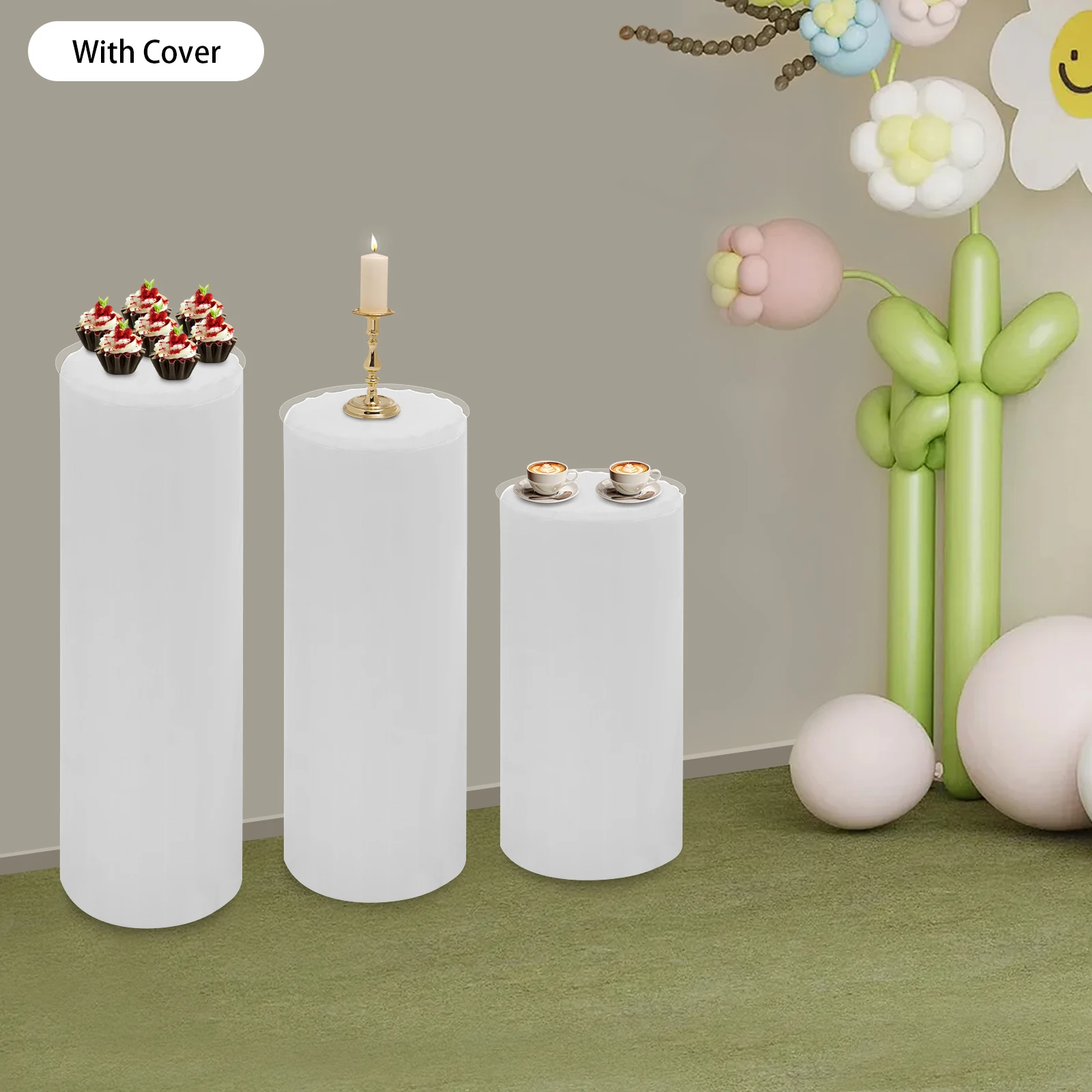

White PVC 30x100/80/60cm Folding Cylindrical Flower Stand with Cloth Cover Bearing 40kg Wedding Dessert Display Stand