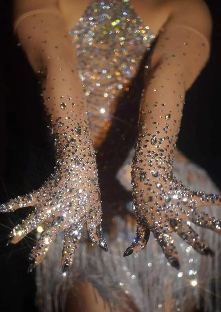 Brilhantes luvas de strass feminino estiramento ver através de luxo sparkly cristal malha luvas longas discoteca dança acessórios palco