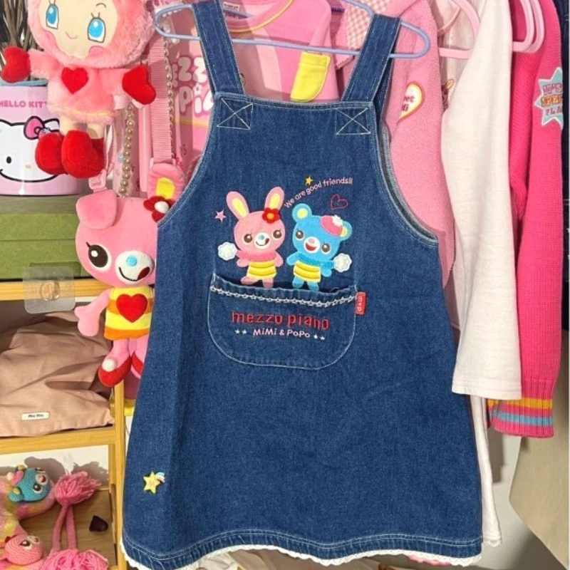Robe brodée de dessin animé japonais pour femmes, Vintage, Denim, dentelle, Patchwork, Y2k, poche esthétique, Grunge, Mini, 2025