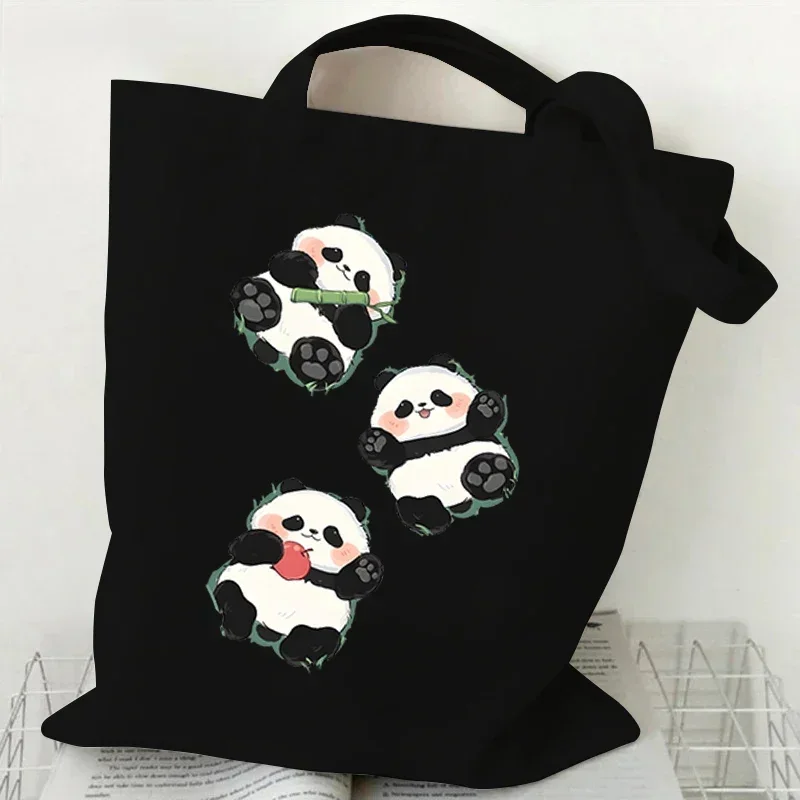 Cartoon Panda Pattern Canvas Shoulder Bag Women Portable Versatile Storage Bag Cute Animal Panda Shopping Bags Teen Girl Handbag