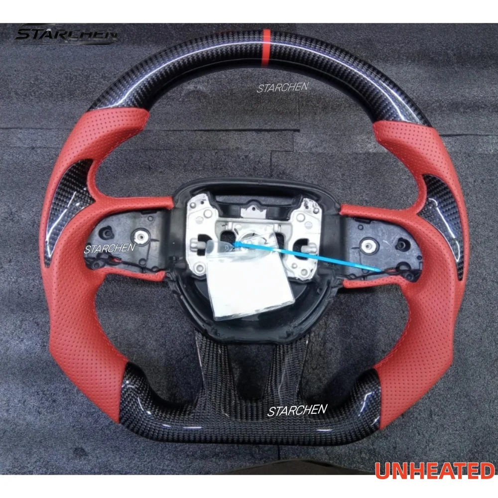 Real Carbon Fiber Steering Wheel For Dodge Challenger Charger Durango Hellcat 2015-2025, With Red Perforated Leather Grip And Carbon Fiber Thumb Grips (Non-heated)