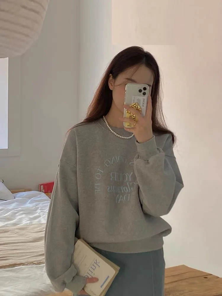 

Стильный винтажный свитшот с круглым вырезом и буквенным принтом, свободного кроя, с длинными рукавами, для женщин, для повседневной носки, 100% хлопок, осенняя мода