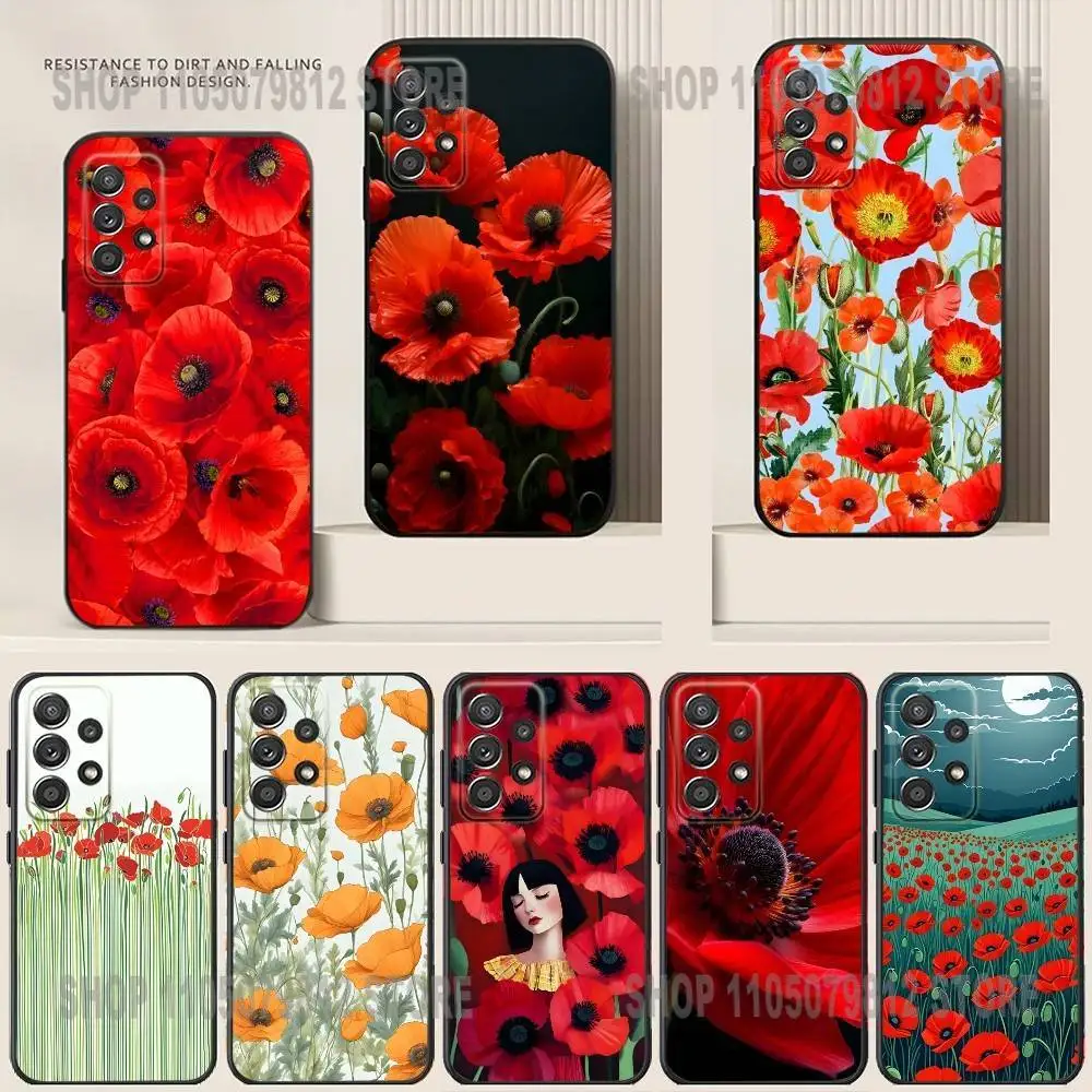 

Poppy Flower Bloom Hot Red Phone Case For Samsung S24,21,22,23,30,Ultra,20,Plus,Note,10,9,Black soft silicone case