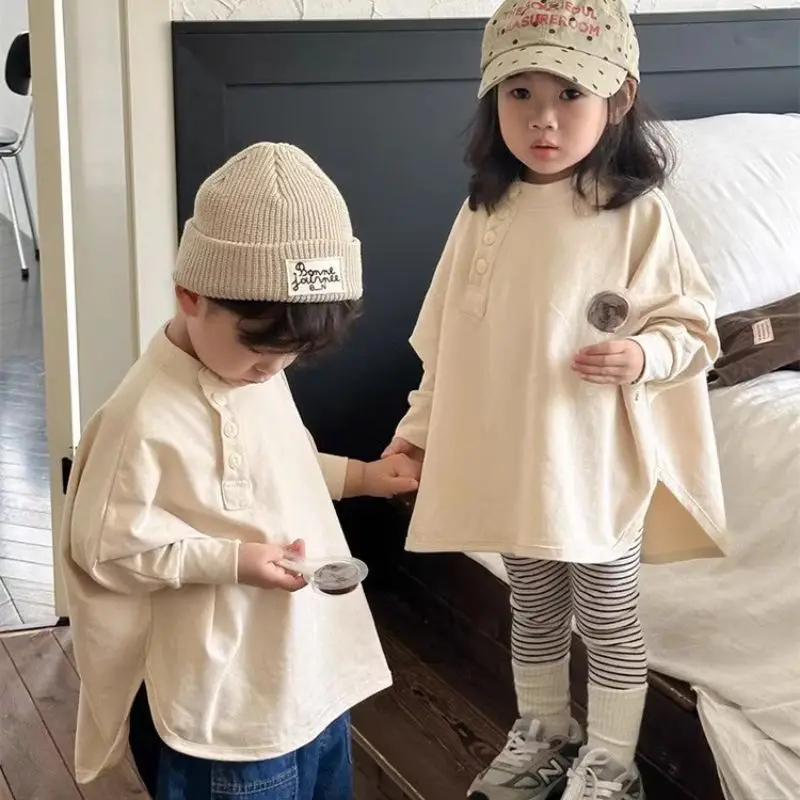 Boys and Girls Autumn New Solid Color Slant Front T-shirt Baby Fashion Versatile Loose Spring and Autumn Outerwear Top