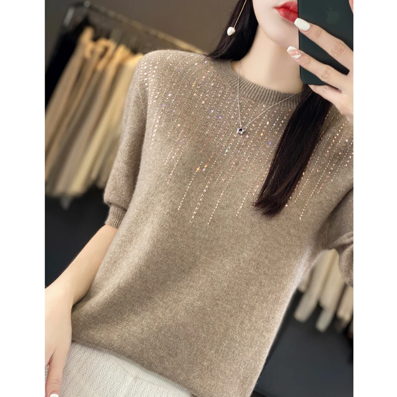 Round Neck T-shirt with Diamond Inlaid Knitted Short Sleeved for Women, Thin Bottom, Half Sleeve, Loose and Stylish, 24Wool