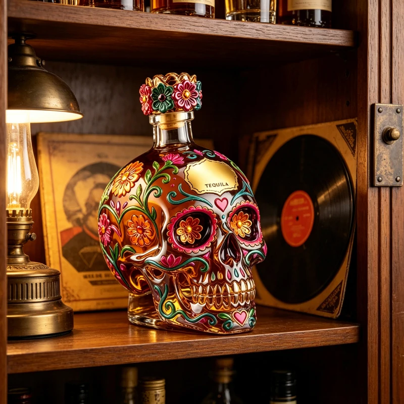 Garrafa de Tequila Caveira Mexicana Dia dos Mortos, Decantador de Vidro de Arte Folclórica Mexicana para Bar e Decoração de Casa
