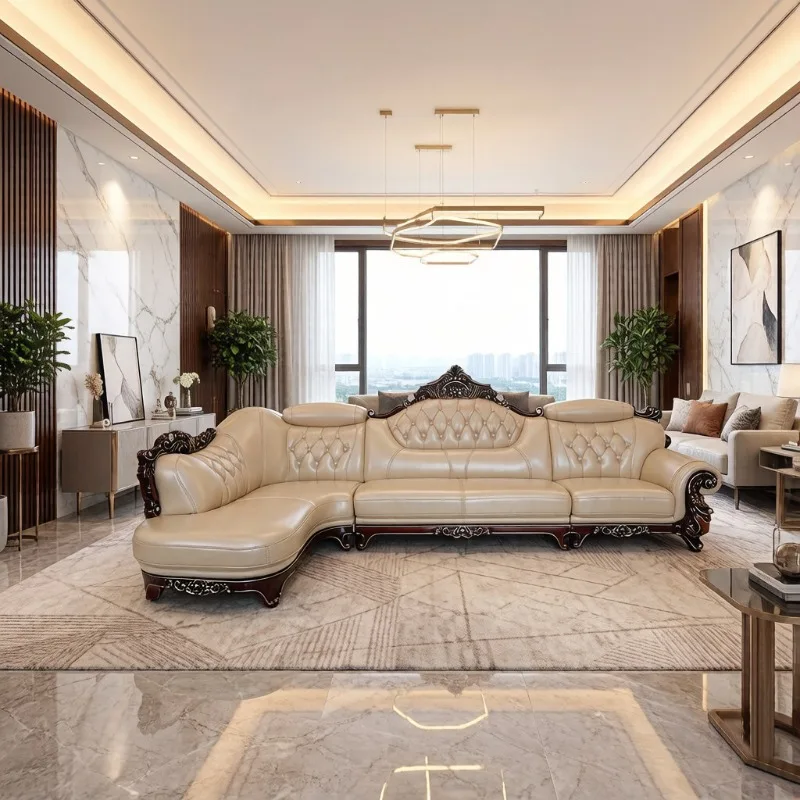 European leather sofa, large flat solid wood carving flower high-end light luxury American first-layer cowhide villa living room