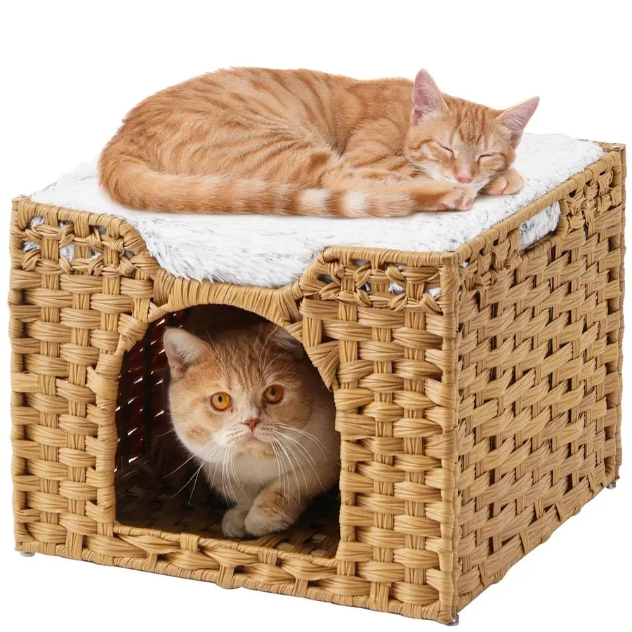 

Cat Beds Indoor Kitten House, Handwoven Rattan Cat Cave Pet Cube, Large Cat Houses, One Bed Mat, Foldable, Hideaway, 16.5x16.5x1