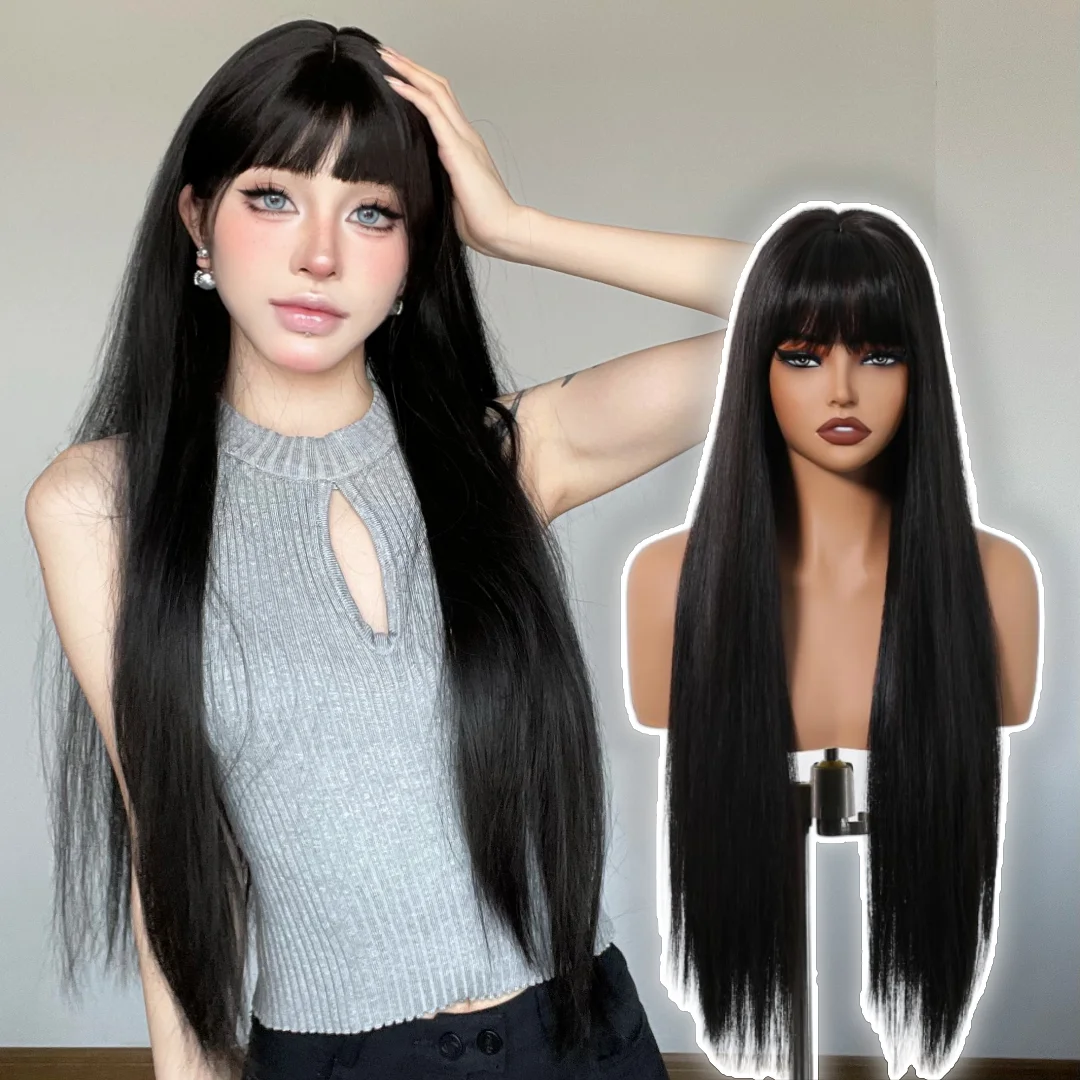 

Long Black Straight Wigs Synthetic Hair Natural Wig with Bangs for Women Daily Cosplay Party Use Heat Resistant Fibre Lolita wig
