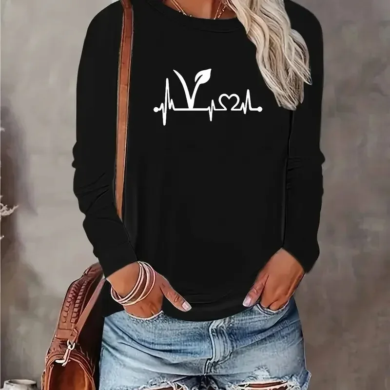 

Women's newTT-shirt Autumn Long Sleeve Fashion Printed Black Crew Neck Base Shirt Top