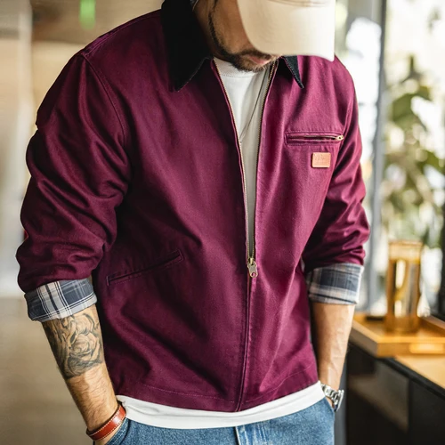 Imagen 2 del producto Maden Chaqueta Retro J001 Detroit para hombre, abrigo de caza de lona pesada, chaquetas de trabajo con cuello de solapa y cremallera para primavera y otoño