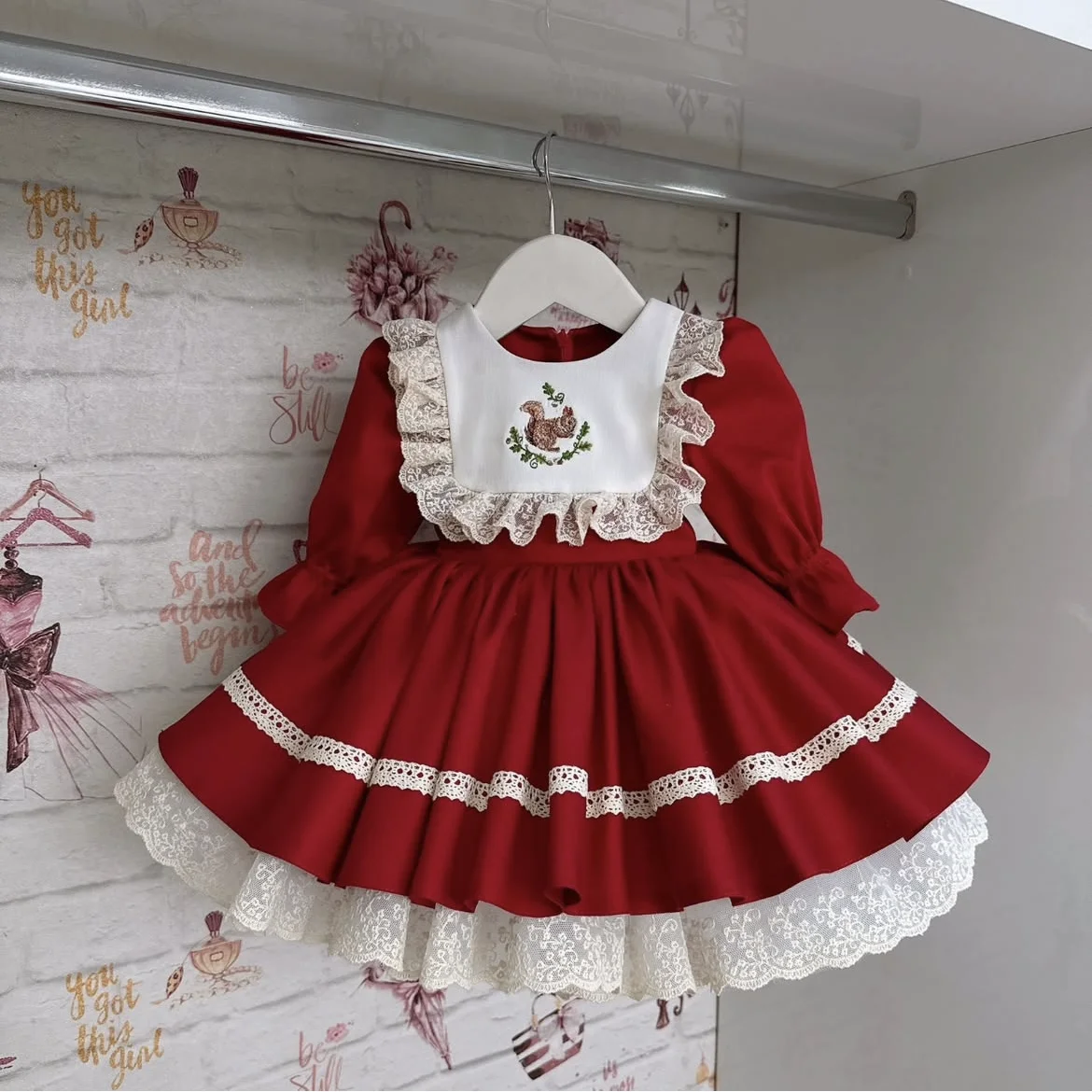 

Baby Girl Summer Squirrel Embroidery Red Turkish Vintage Lolita Princess Ball Gown Dress for Birthday Holiday Eid Photography