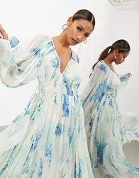 Printed Chiffon Dress, V-Neck, See Through, Pleated Waist, Cinched, Long Sleeved, Drawstring, European and American