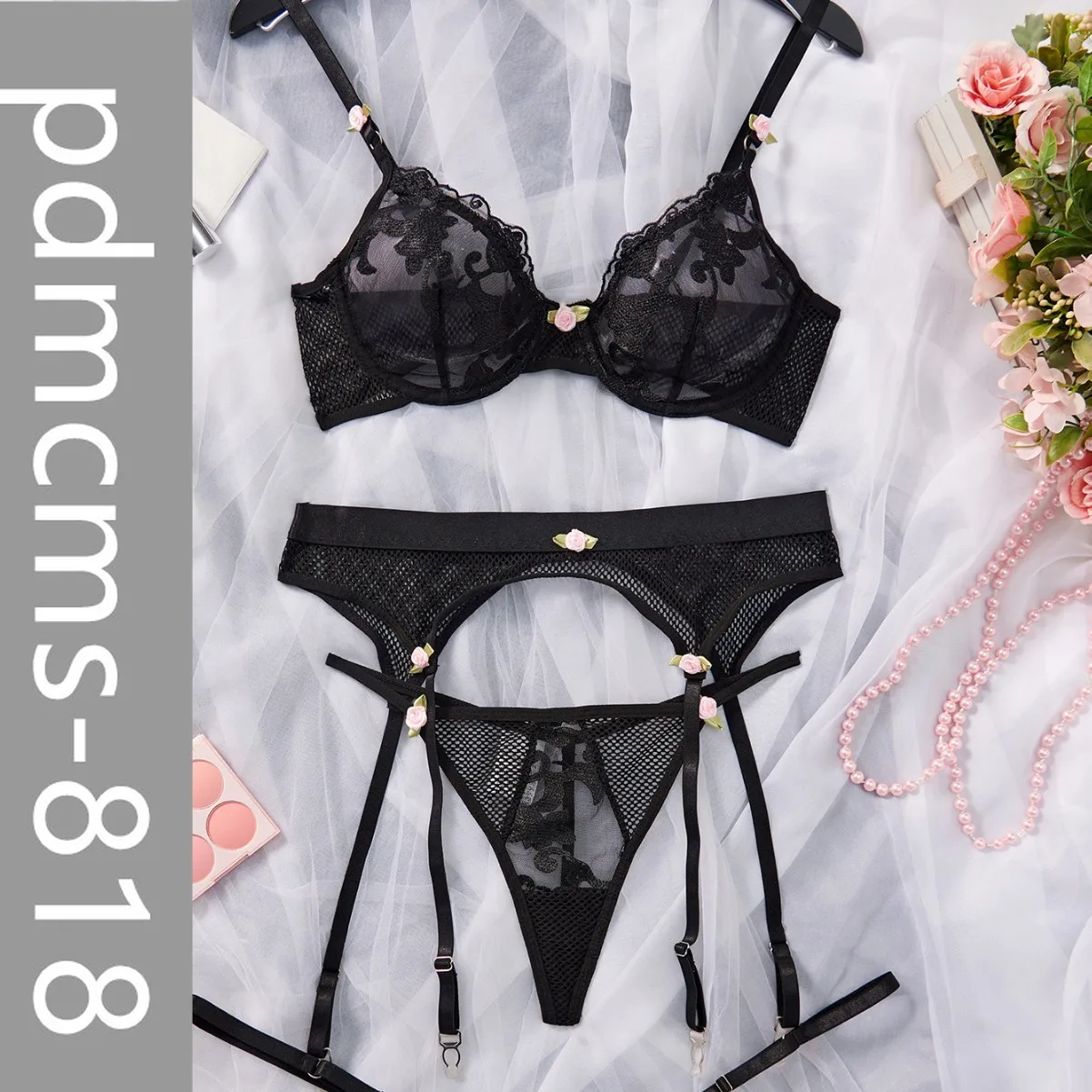 

2025 new models, European and American summer new products, pink rose pendant, erotic underwear, hollowed out and slimmed togeth