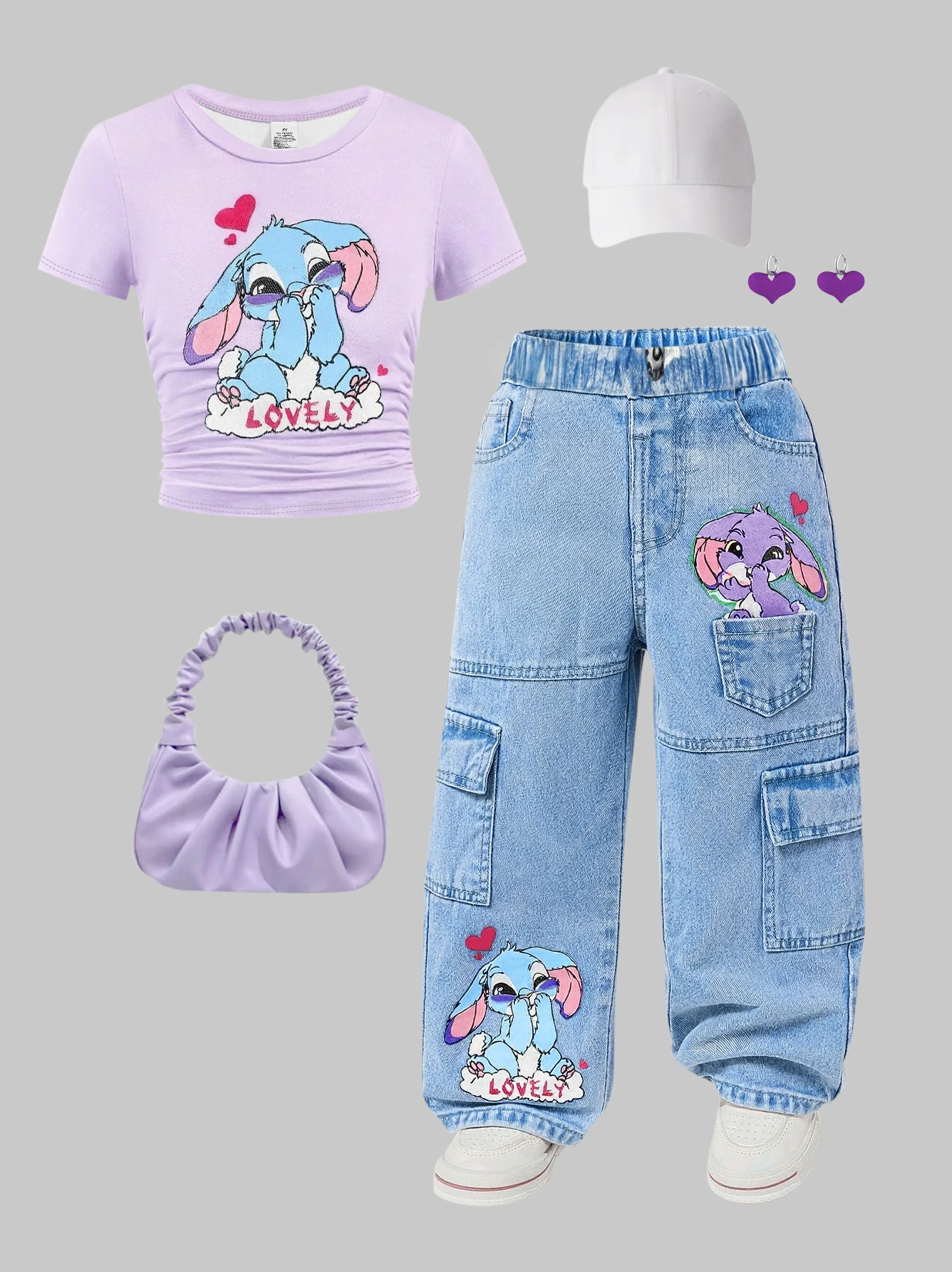 

2Pcs Girls' Spring/Summer Outfit: Cute Cartoon Rabbit Print Short Sleeve T-Shirt + Elastic Waist Faux Denim Print Straight-Leg Pants, Fashionable and Playful Youthful Outfit for Girls, Suitable for Daily Wear, Home, Outdoor, Leisure, and Travel
