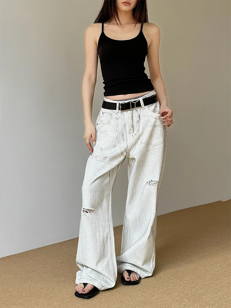 

Мужские джинсы свободного кроя с эффектом тай-дай и рваными элементами, прямые штанины, летняя одежда, длинные брюки из денима на молнии, на все сезоны