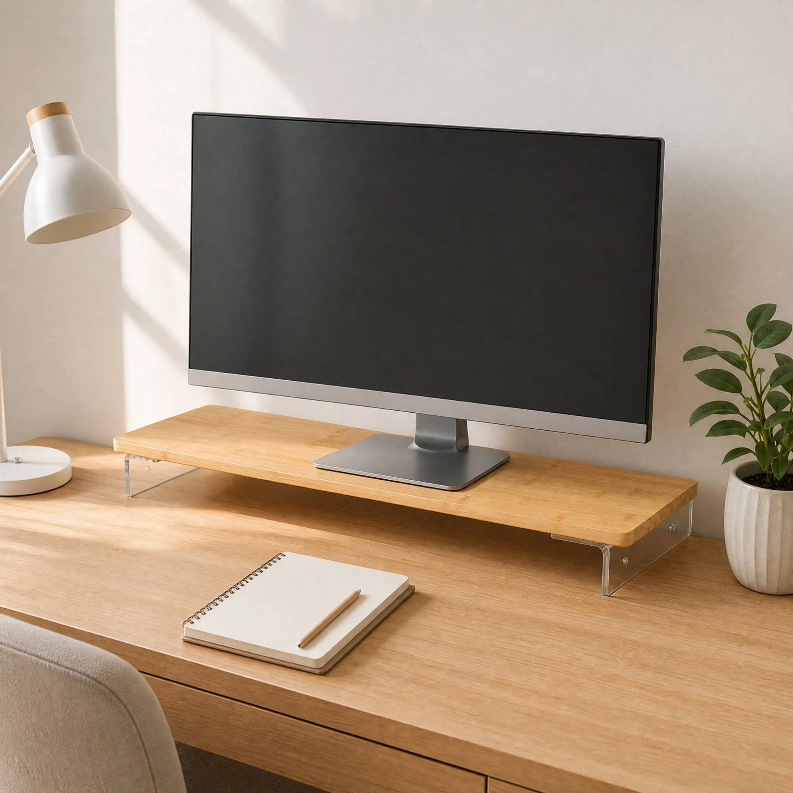 Bamboo monitor riser with storage shelf holding a desktop monitor on a desk