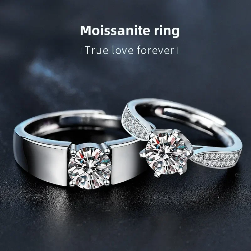 

Light luxury 925 sterling silver moissanite ring, adjustable opening couple wedding ring gift