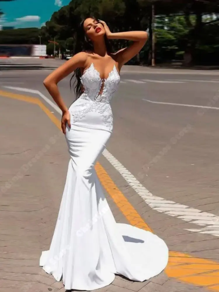 Graciosa mulheres vestidos de casamento cetim sereia vestidos de noiva mais novo sexy rendas apliques cinta espaguete vestidos de novia personalizado