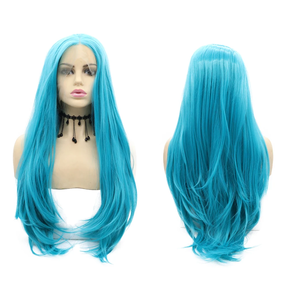 

Blue Straight 24inches Long Hair Synthetic Lace Front Wig for Women High Temperature Fiber Hair Daily Cosplay Use